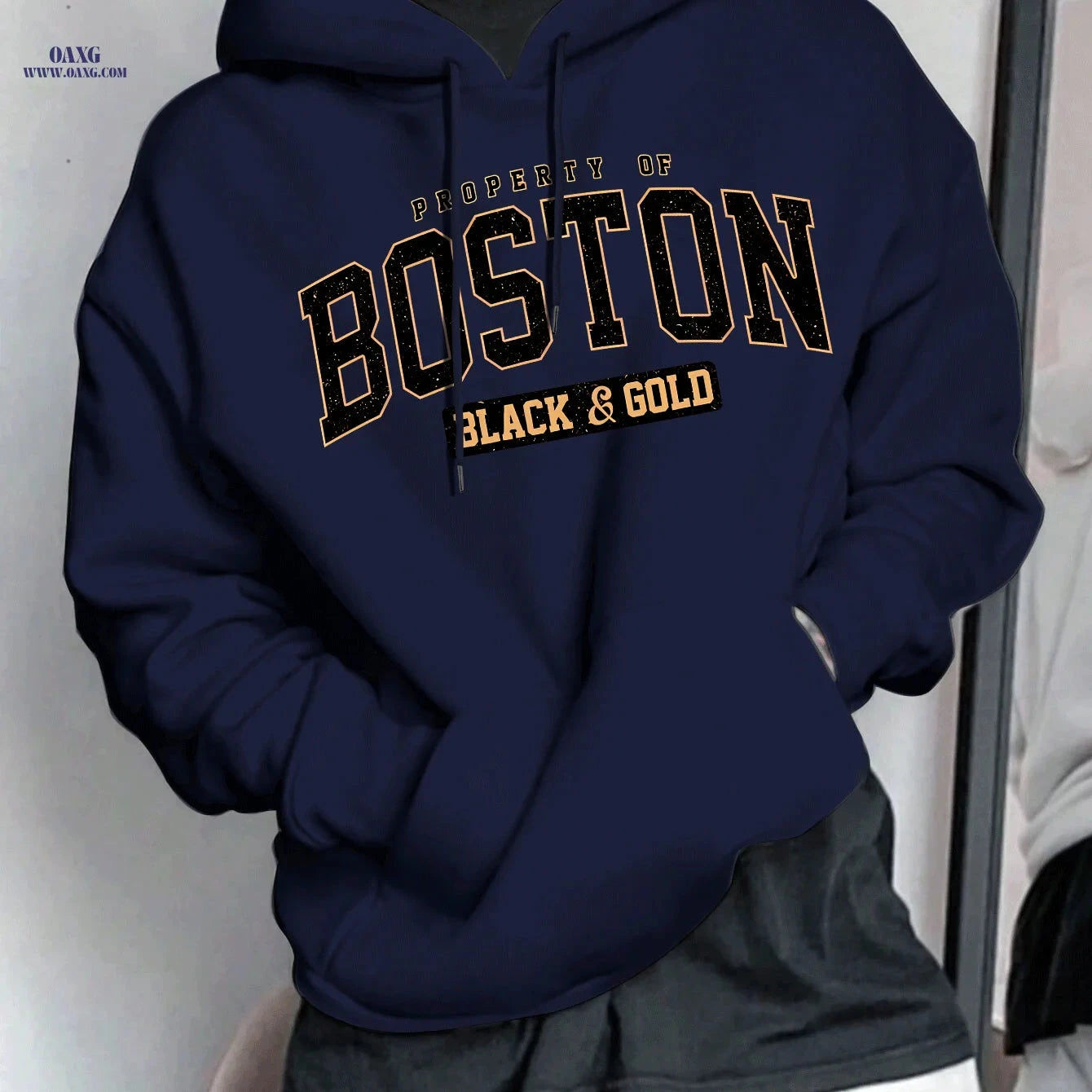 Boston Letter Men's Hooded Sweatshirt - Geometric Print, Casual Style   OAXG 