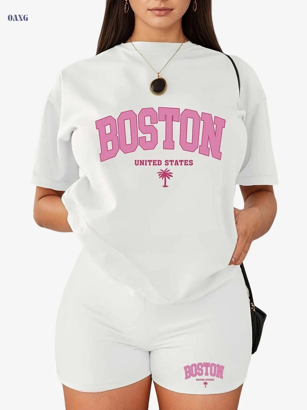 Boston Letter Print Women's Casual Sportswear Set - Short Sleeve T-Shirt   OAXG 