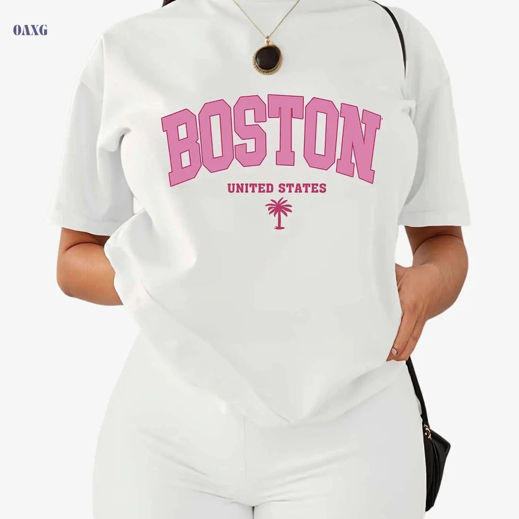 Boston Letter Print Women's Casual Sportswear Set - Short Sleeve T-Shirt   OAXG 