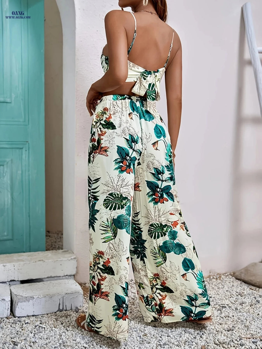 Botanical Print Camisole Set - 100% Polyester, Tie Back Style   OAXG Mixed colors / XXL