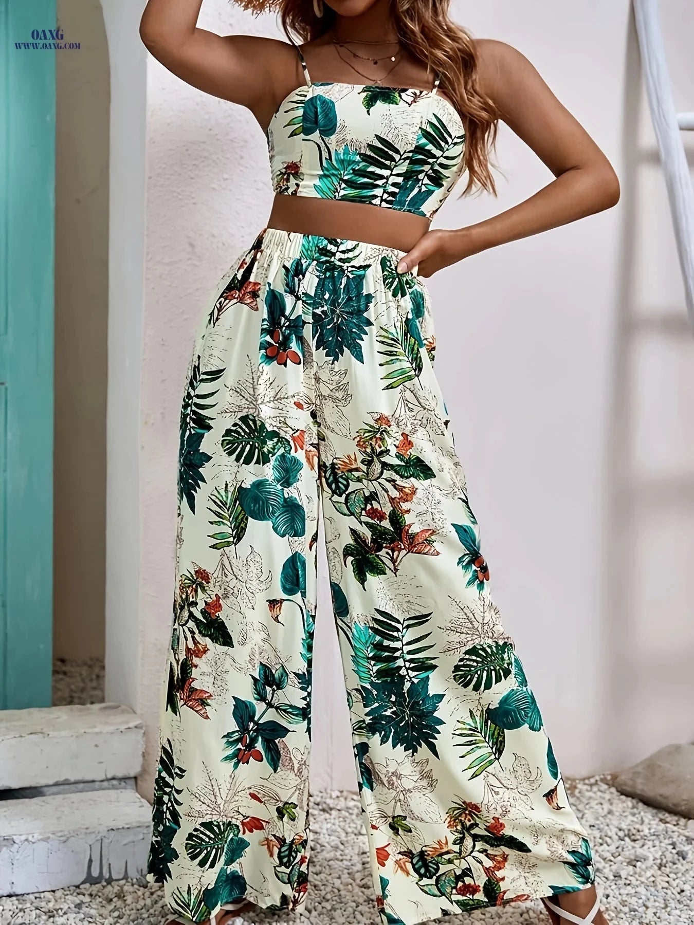 Botanical Print Camisole Set - 100% Polyester, Tie Back Style   OAXG Mixed colors / XXL