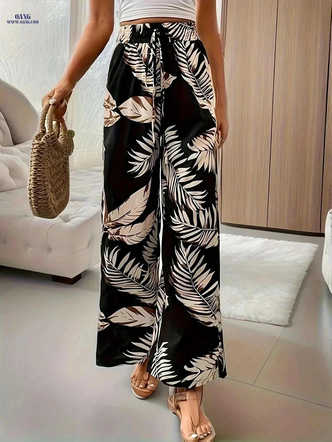 Botanical Print Wide Leg Pants for Spring & Summer - High Waist Style   OAXG Multicolor / S