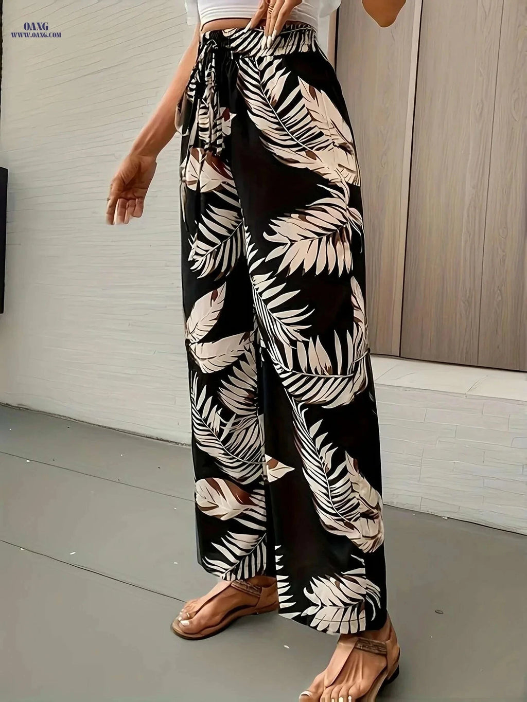 Botanical Print Wide Leg Pants for Spring & Summer - High Waist Style   OAXG Multicolor / S
