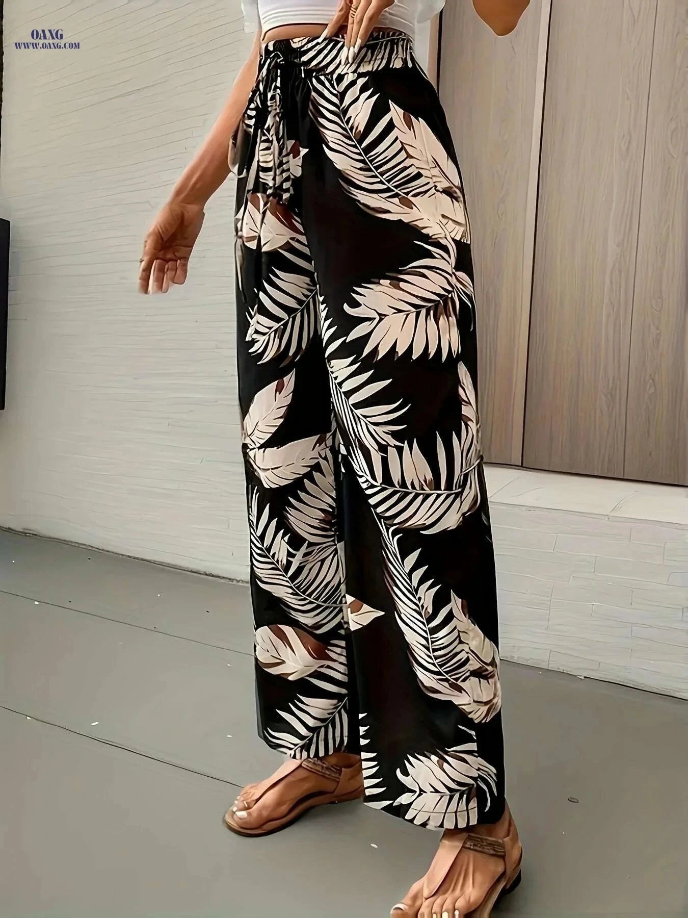 Botanical Print Wide Leg Pants for Spring & Summer - High Waist Style   OAXG Multicolor / S