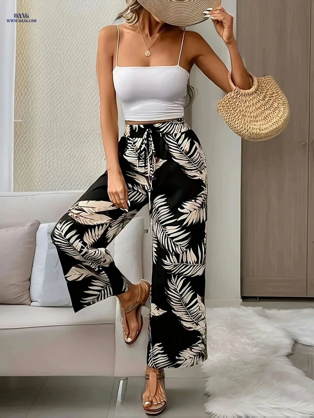 Botanical Print Wide Leg Pants for Spring & Summer - High Waist Style   OAXG Multicolor / S