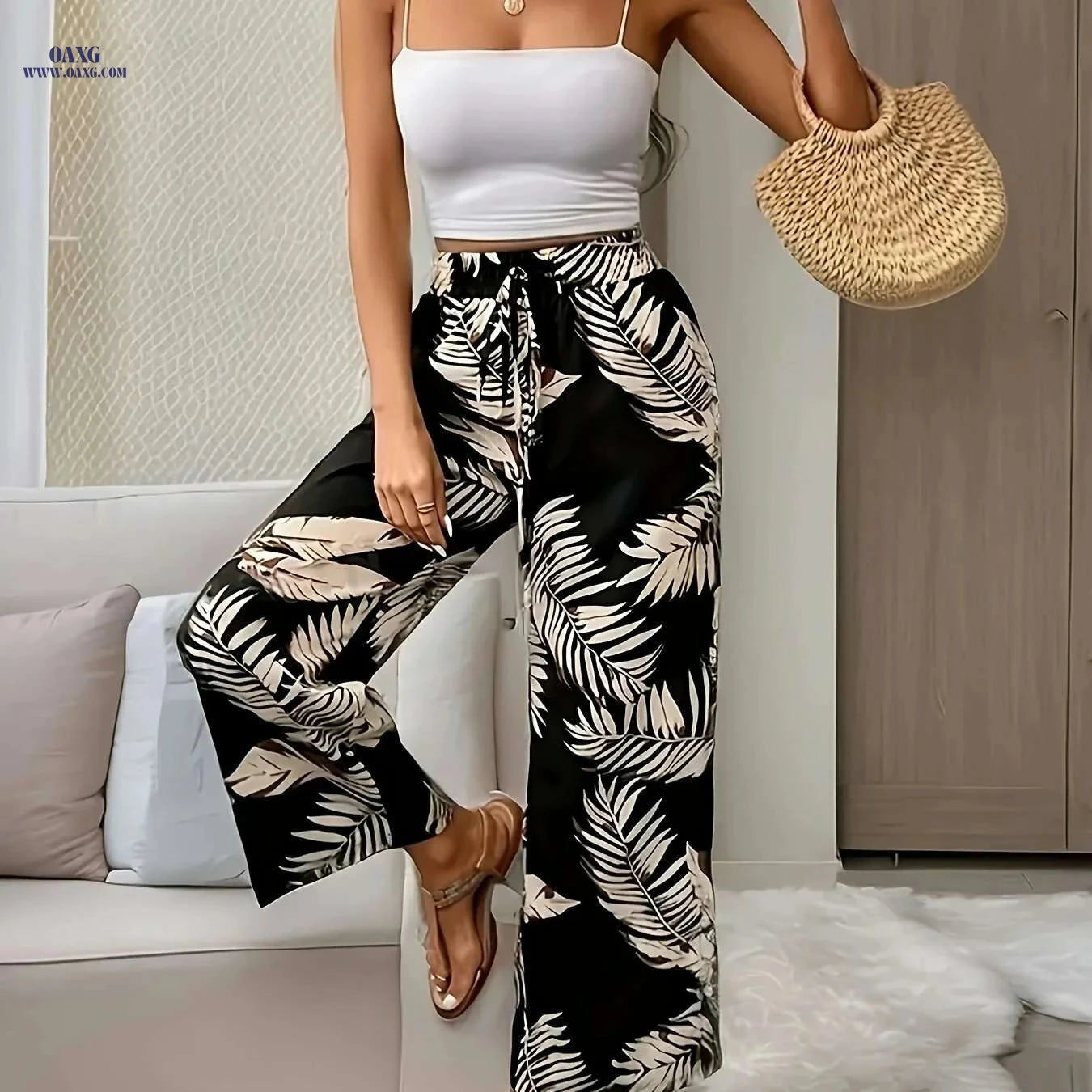 Botanical Print Wide Leg Pants for Spring & Summer - High Waist Style   OAXG 