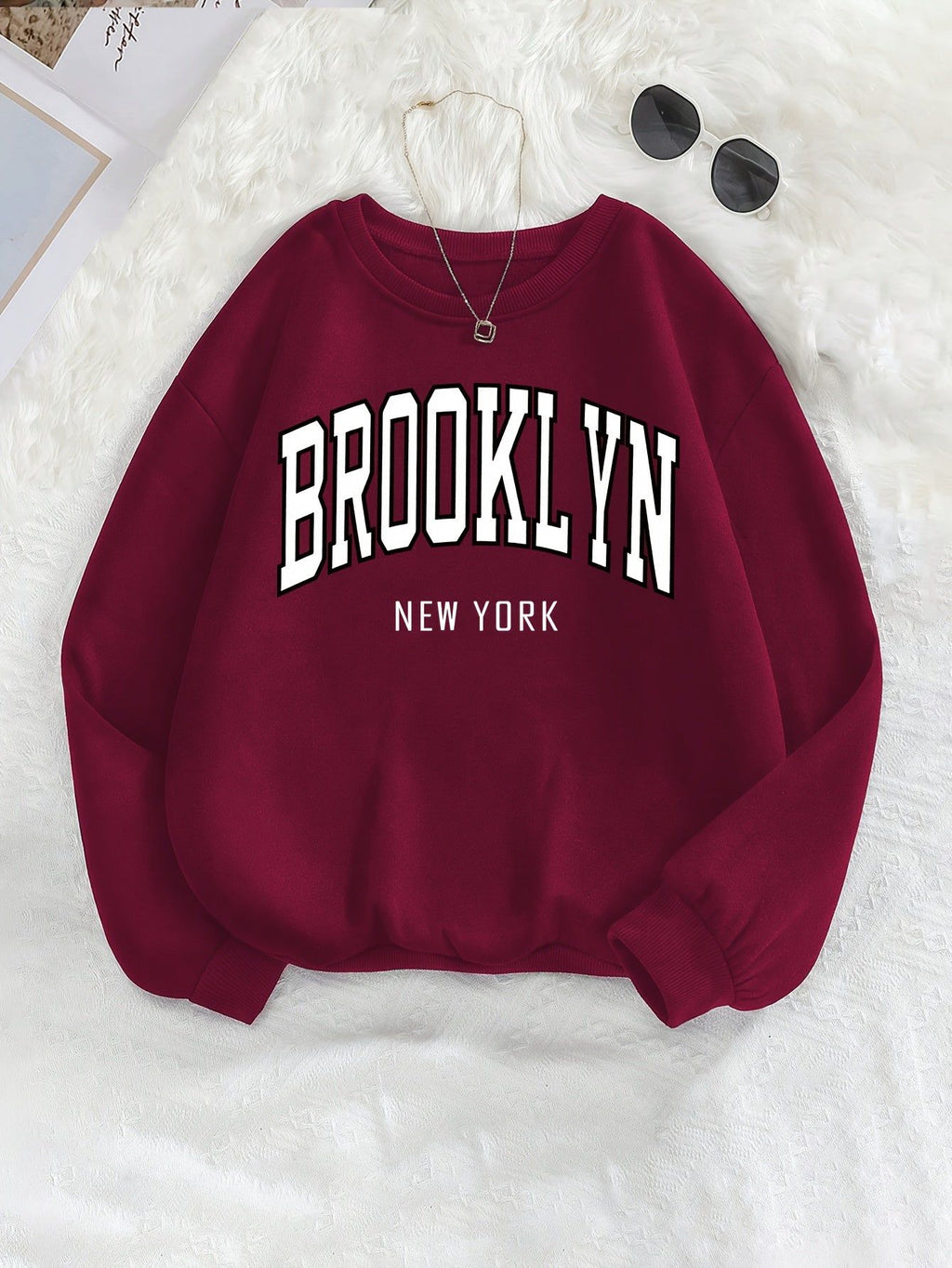 Brooklyn Print Sweatshirt, Crew Neck Long Sleeve Casual Sportswear Top, Autumn Winter Women's Clothing   OAXG Burgundy / S