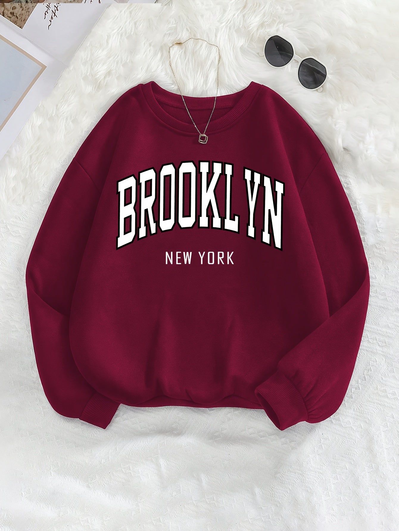 Brooklyn Print Sweatshirt, Crew Neck Long Sleeve Casual Sportswear Top, Autumn Winter Women's Clothing   OAXG Burgundy / S