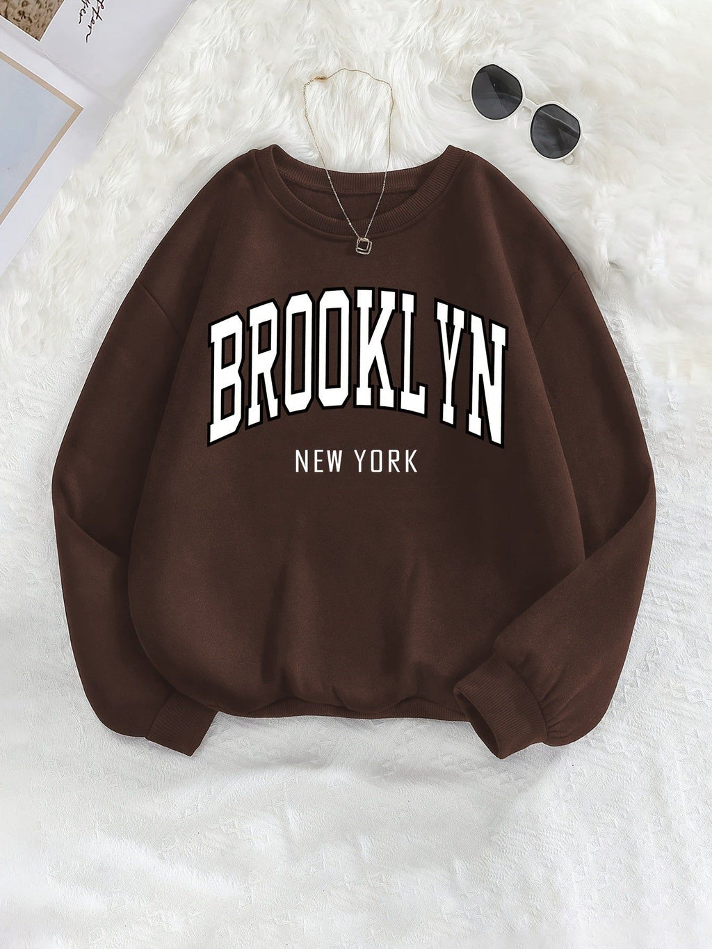 Brooklyn Print Sweatshirt, Crew Neck Long Sleeve Casual Sportswear Top, Autumn Winter Women's Clothing   OAXG Burgundy / S