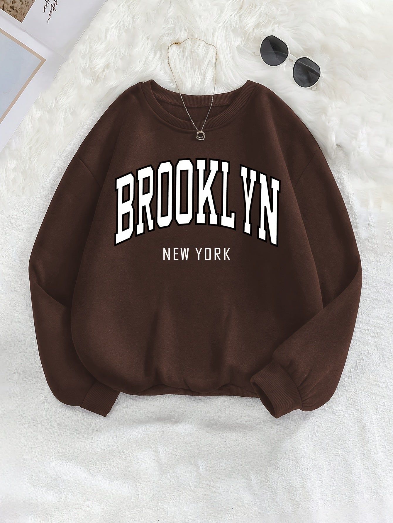 Brooklyn Print Sweatshirt, Crew Neck Long Sleeve Casual Sportswear Top, Autumn Winter Women's Clothing   OAXG Burgundy / S