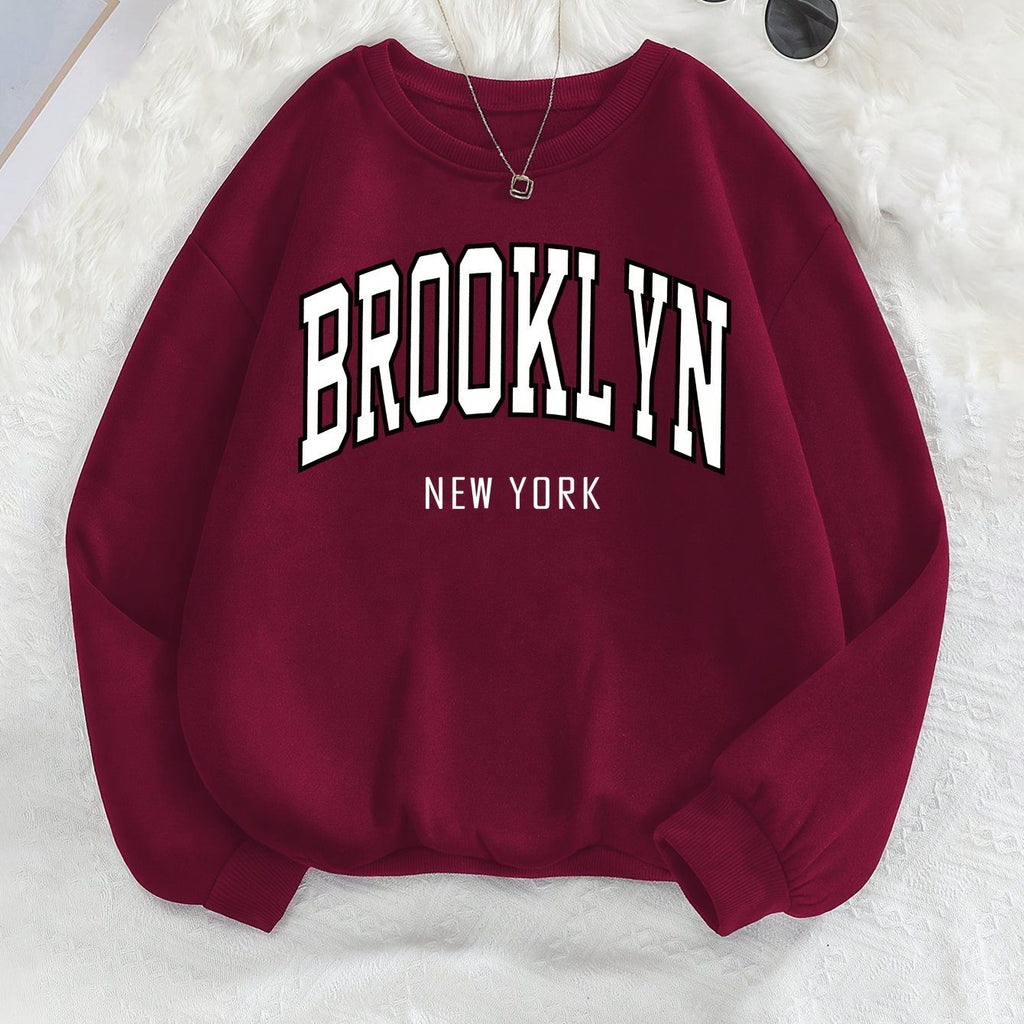 Brooklyn Print Sweatshirt, Crew Neck Long Sleeve Casual Sportswear Top, Autumn Winter Women's Clothing   OAXG Burgundy / S