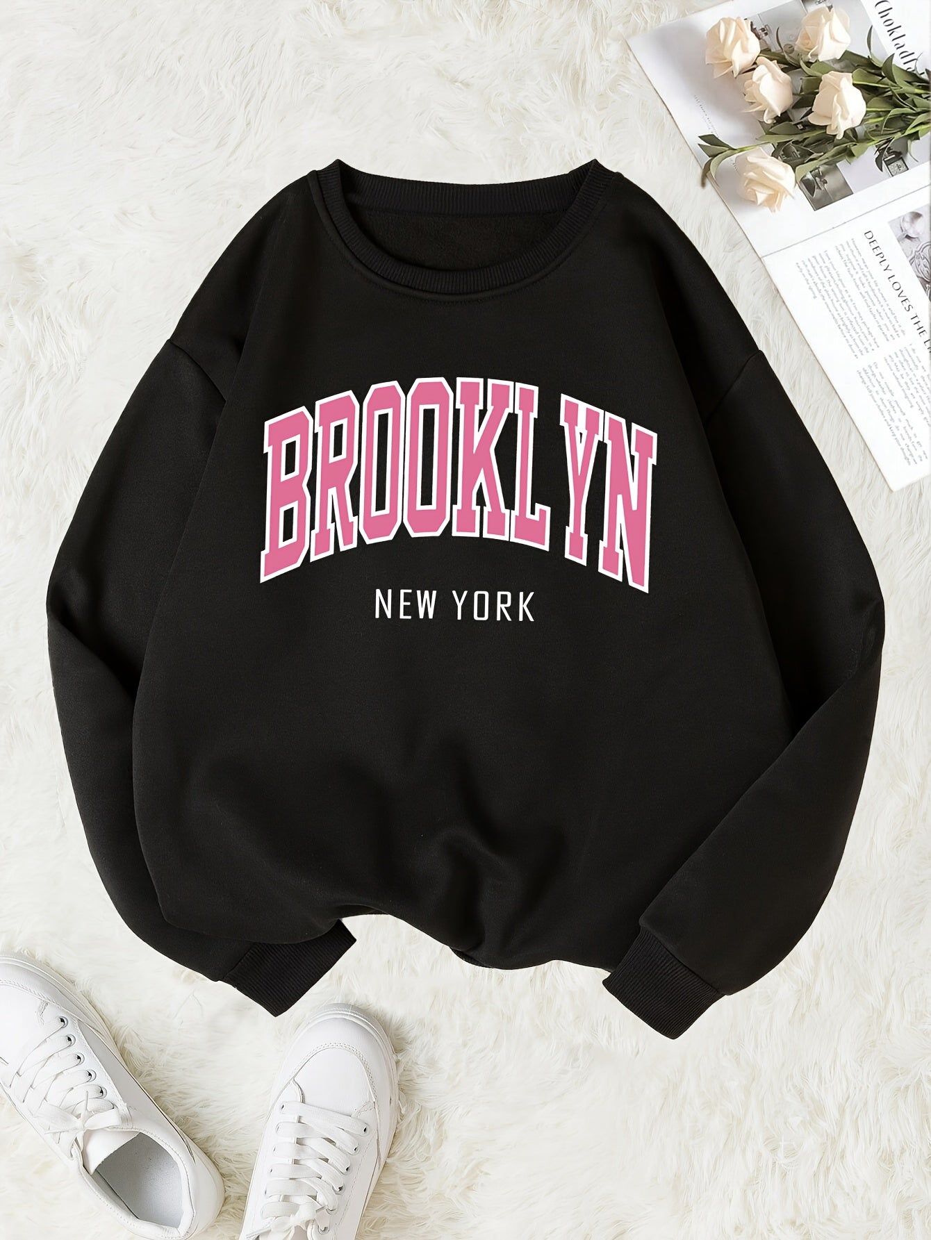 Brooklyn Print Sweatshirt, Crew Neck Long Sleeve Casual Sportswear Top, Autumn Winter Women's Clothing   OAXG Burgundy / S