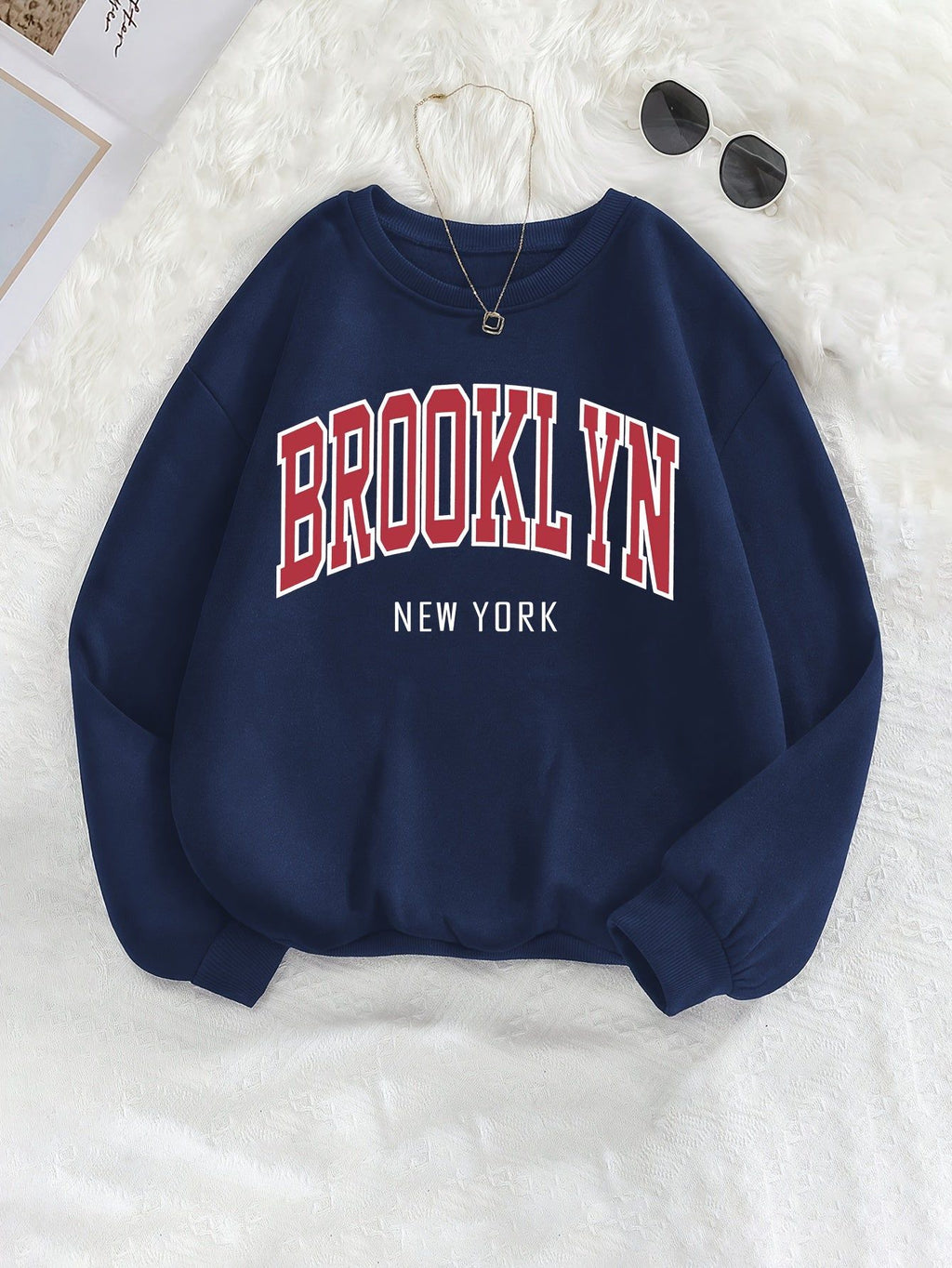 Brooklyn Print Sweatshirt, Crew Neck Long Sleeve Casual Sportswear Top, Autumn Winter Women's Clothing   OAXG Burgundy / S