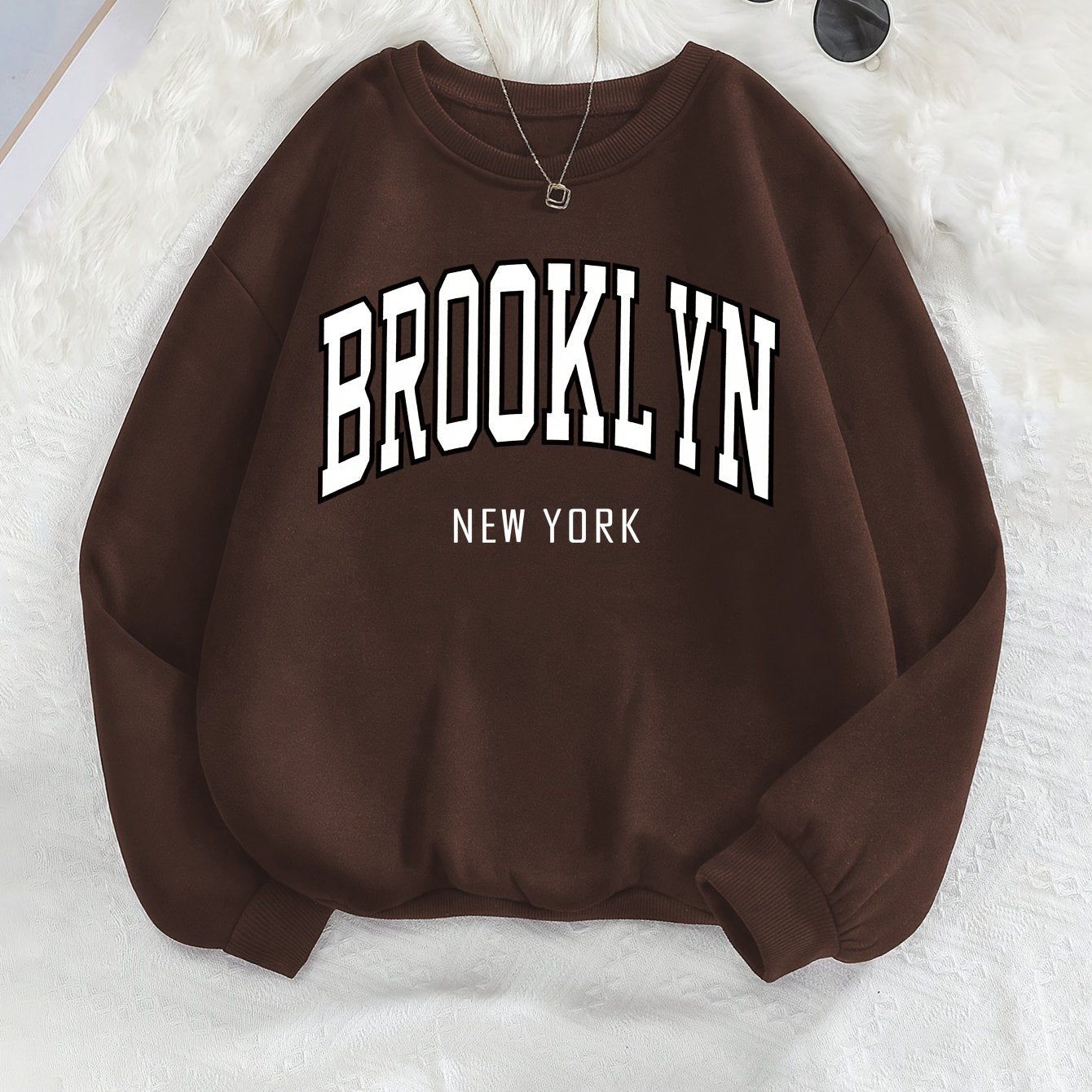 Brooklyn Print Sweatshirt, Crew Neck Long Sleeve Casual Sportswear Top, Autumn Winter Women's Clothing   OAXG Burgundy / S
