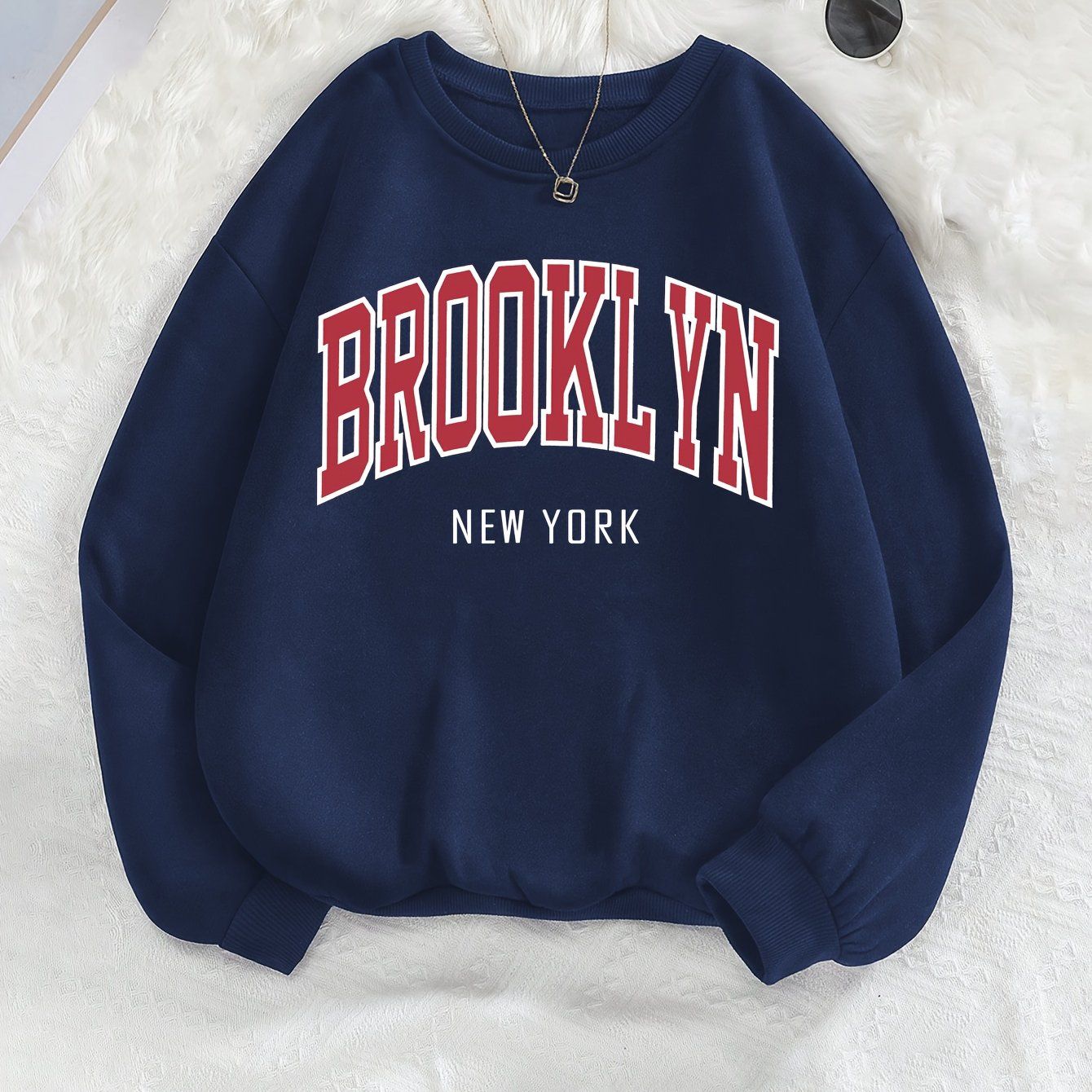 Brooklyn Print Sweatshirt, Crew Neck Long Sleeve Casual Sportswear Top, Autumn Winter Women's Clothing   OAXG Burgundy / S