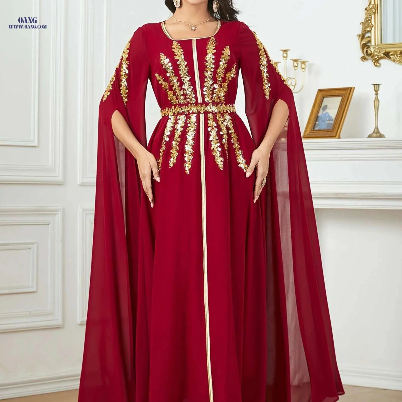 Burgundy Sequin Embroidered Abaya Dress with Adjustable Waist & Train   OAXG 