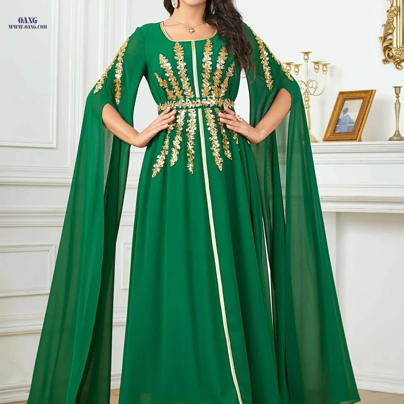Burgundy Sequin Embroidered Abaya Dress with Adjustable Waist & Train   OAXG 