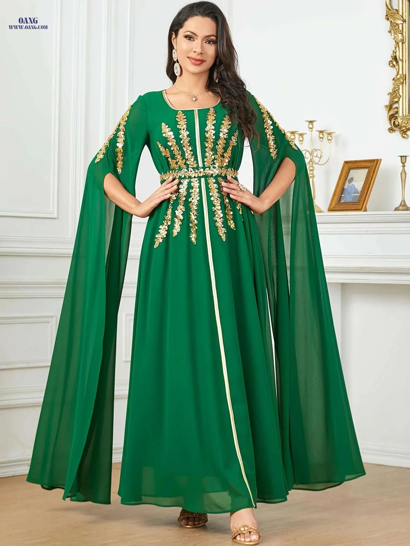 Burgundy Sequin Embroidered Abaya Dress with Adjustable Waist & Train   OAXG Black / M