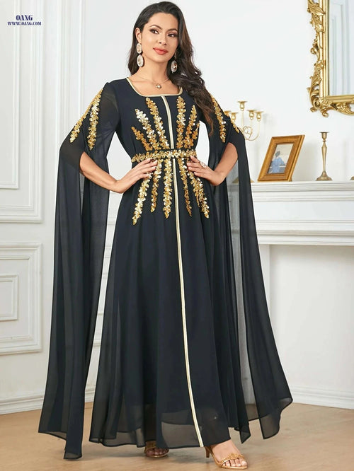 Burgundy Sequin Embroidered Abaya Dress with Adjustable Waist & Train   OAXG Black / M