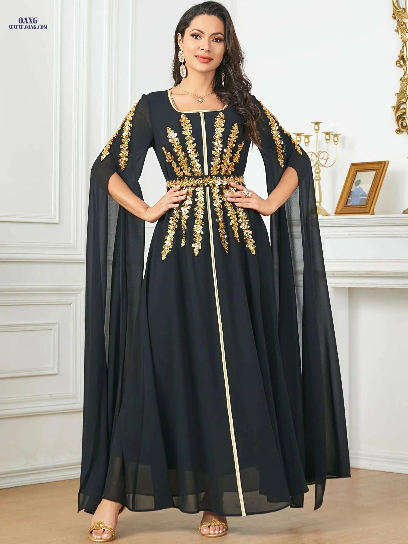 Burgundy Sequin Embroidered Abaya Dress with Adjustable Waist & Train   OAXG Black / M