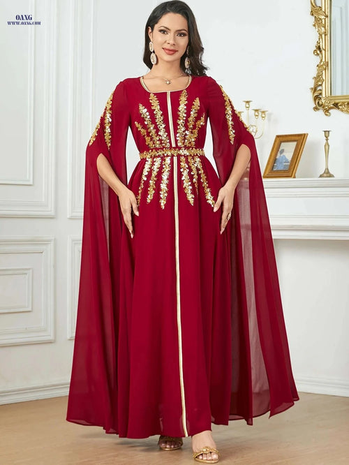 Burgundy Sequin Embroidered Abaya Dress with Adjustable Waist & Train   OAXG 