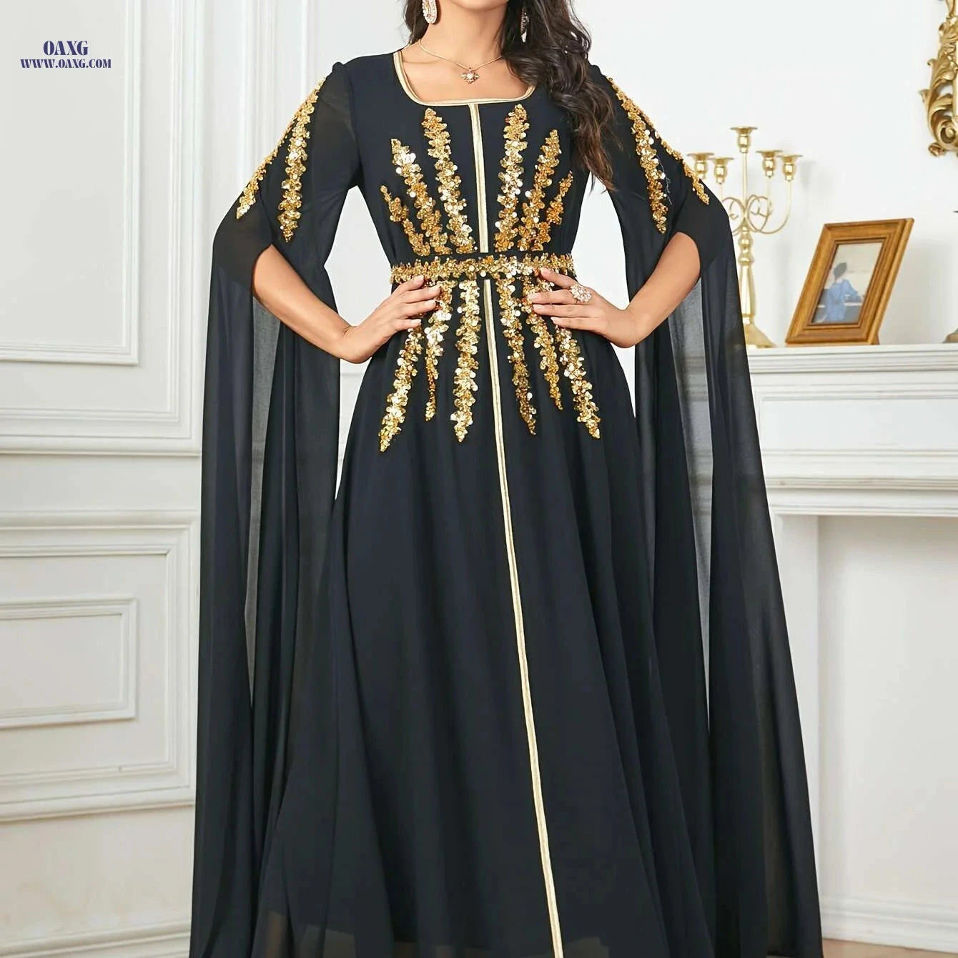 Burgundy Sequin Embroidered Abaya Dress with Adjustable Waist & Train   OAXG 