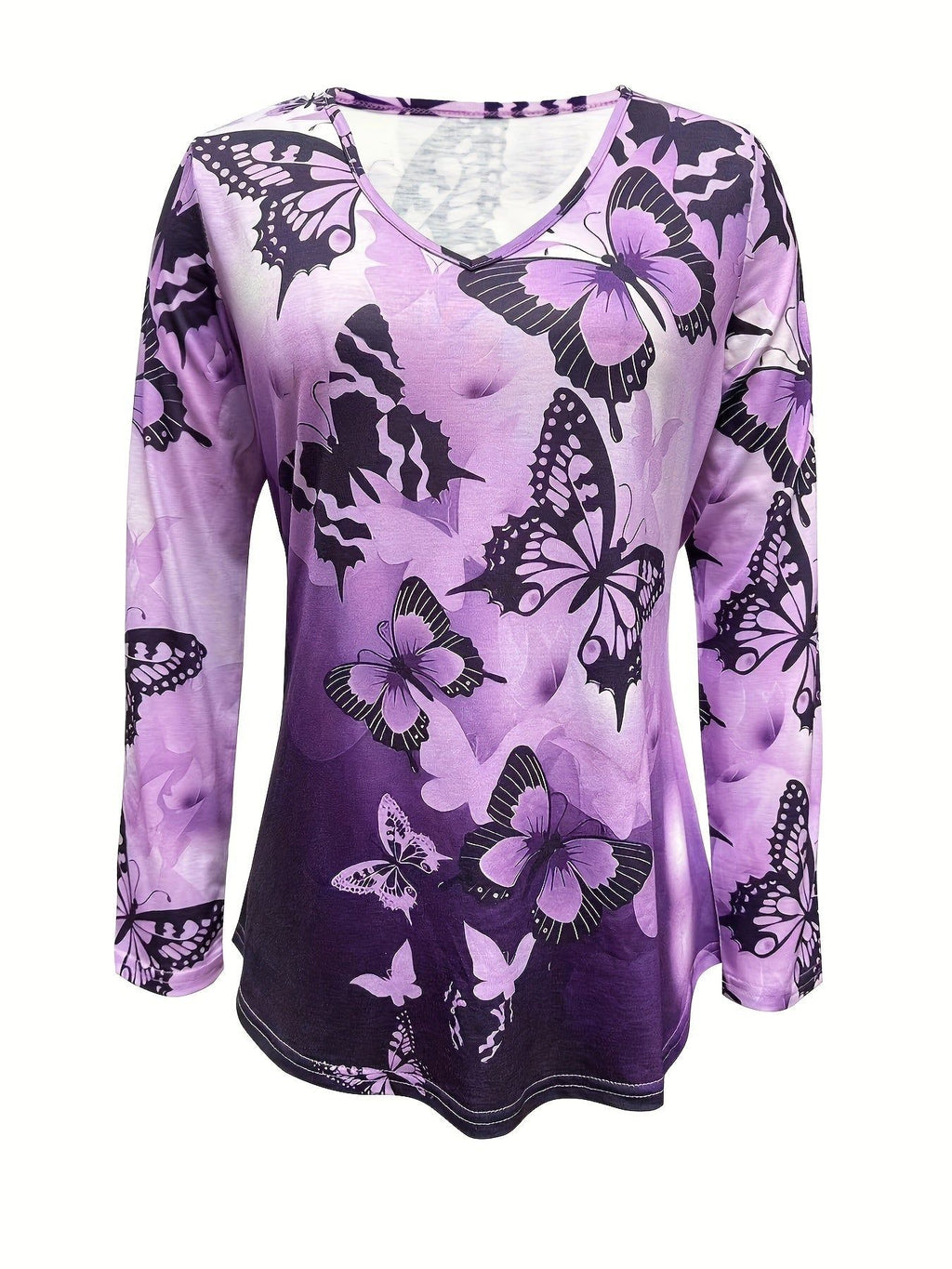 Butterfly Print V Neck T-shirt, Casual Long Sleeve Top For Spring & Fall, Women's Clothing   OAXG Fuchsia / S