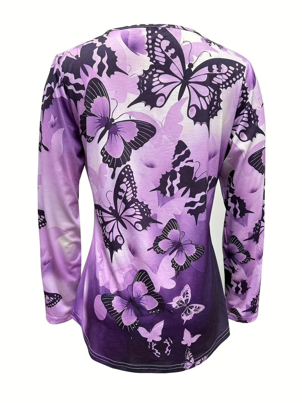 Butterfly Print V Neck T-shirt, Casual Long Sleeve Top For Spring & Fall, Women's Clothing   OAXG Fuchsia / S