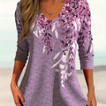 Butterfly Print V Neck T-shirt, Casual Long Sleeve Top For Spring & Fall, Women's Clothing   OAXG Fuchsia / S