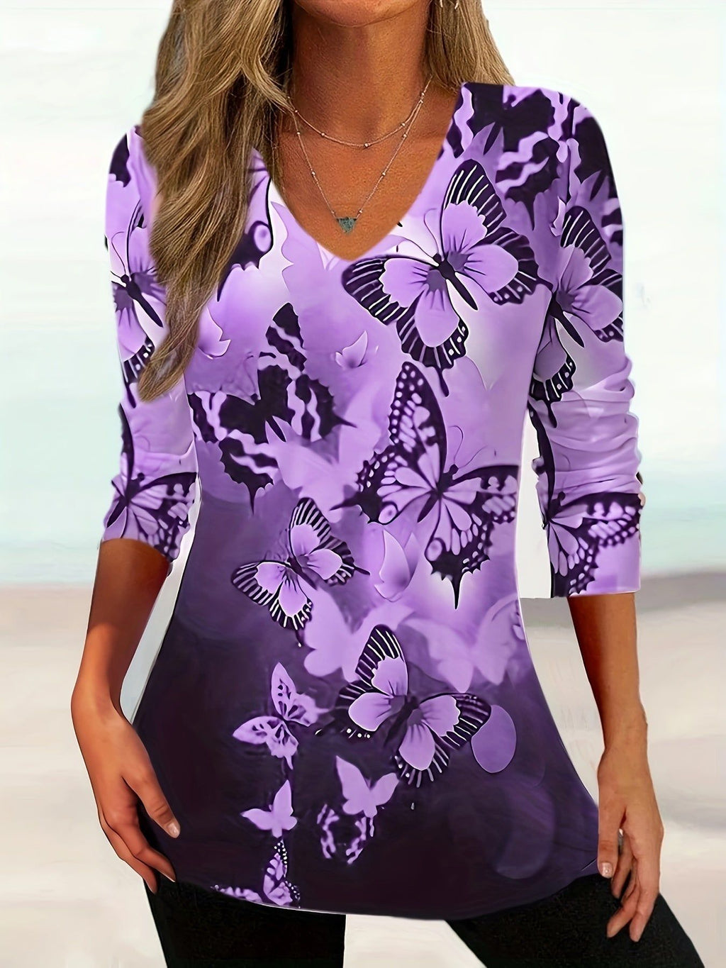 Butterfly Print V Neck T-shirt, Casual Long Sleeve Top For Spring & Fall, Women's Clothing   OAXG Fuchsia / S