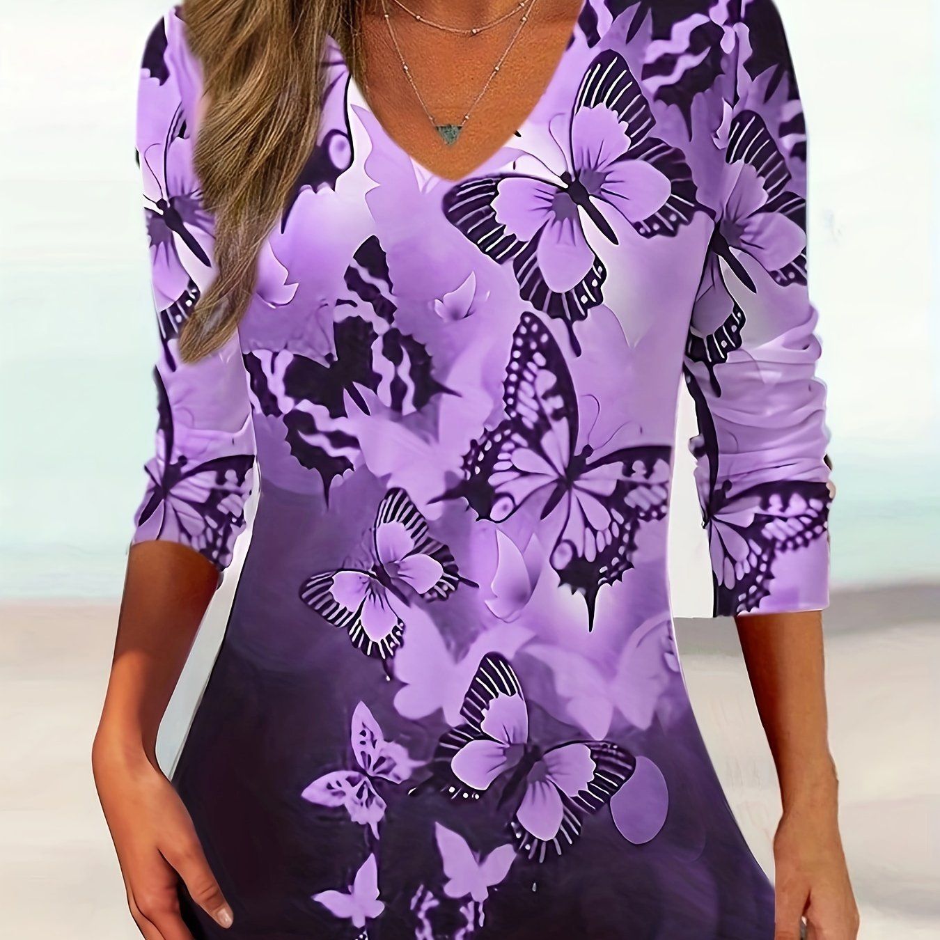 Butterfly Print V Neck T-shirt, Casual Long Sleeve Top For Spring & Fall, Women's Clothing   OAXG Fuchsia / S