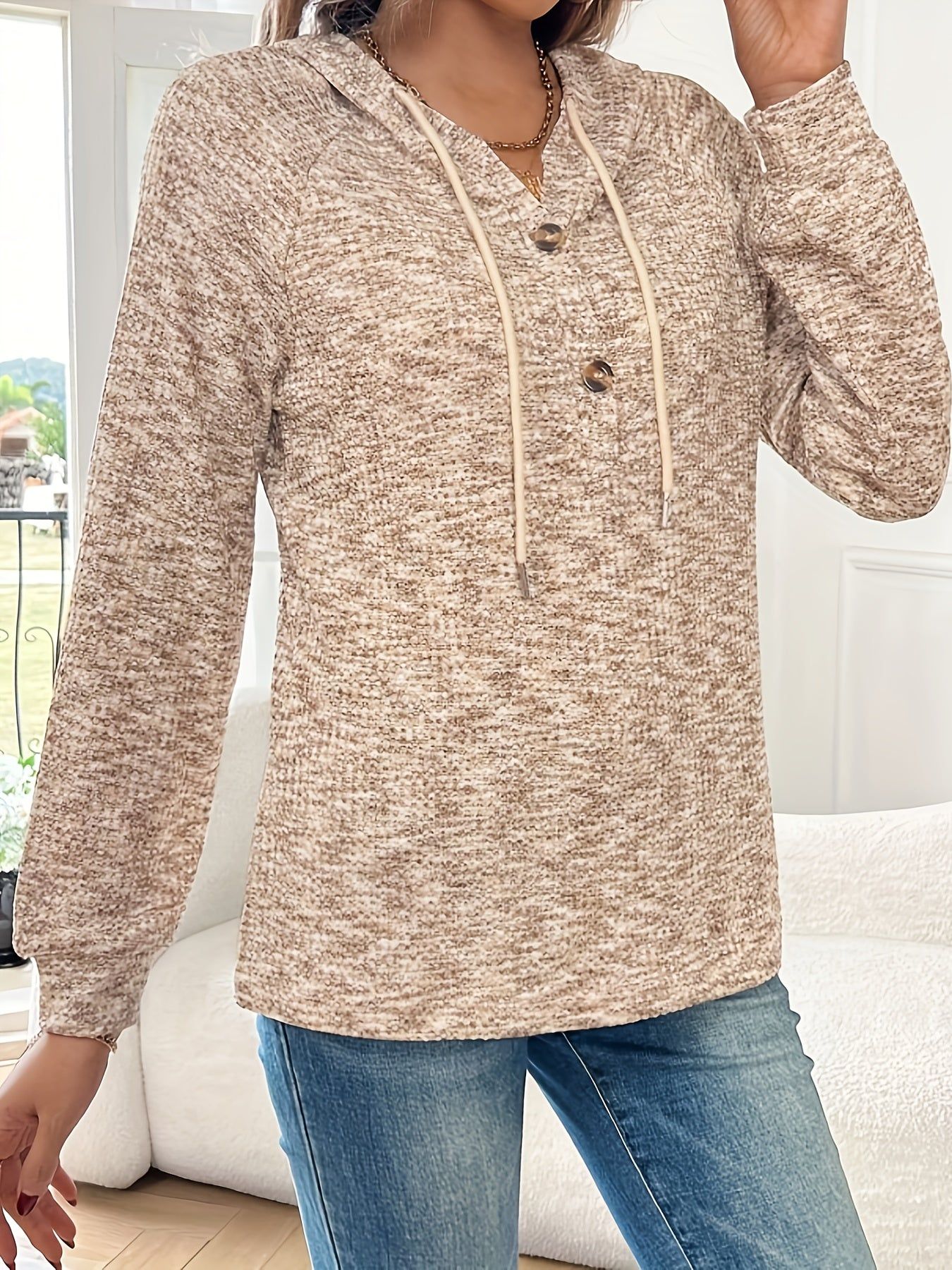 Button-Front Hooded Waffle Sweatshirt - Women's Casual Long Sleeve Top   OAXG 【Multi Color】 / S