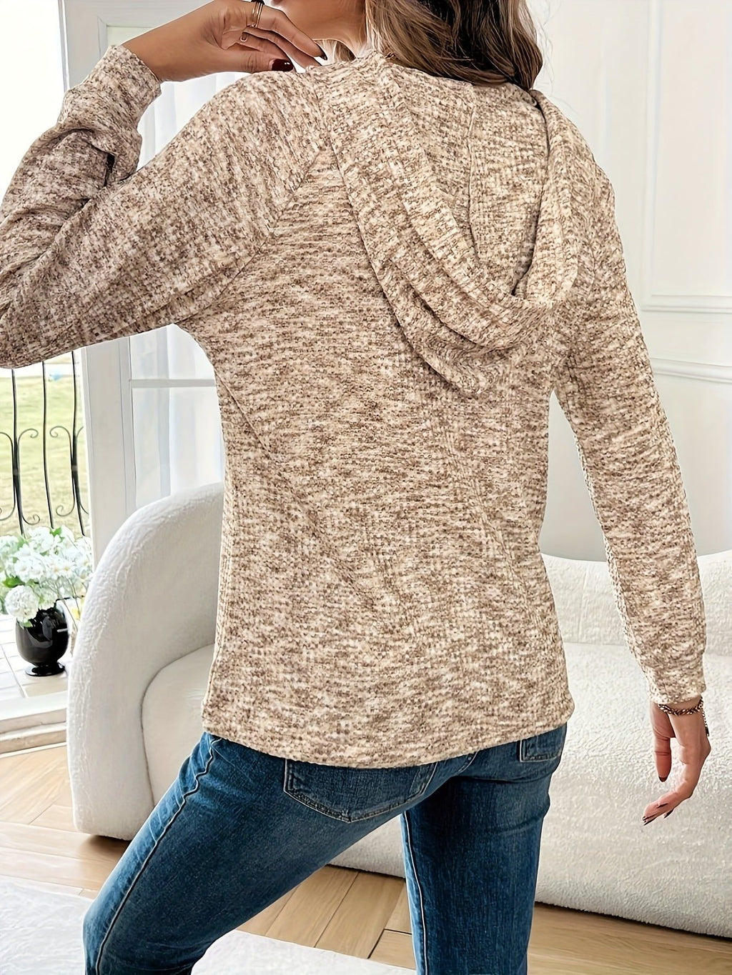 Button-Front Hooded Waffle Sweatshirt - Women's Casual Long Sleeve Top   OAXG 【Multi Color】 / S