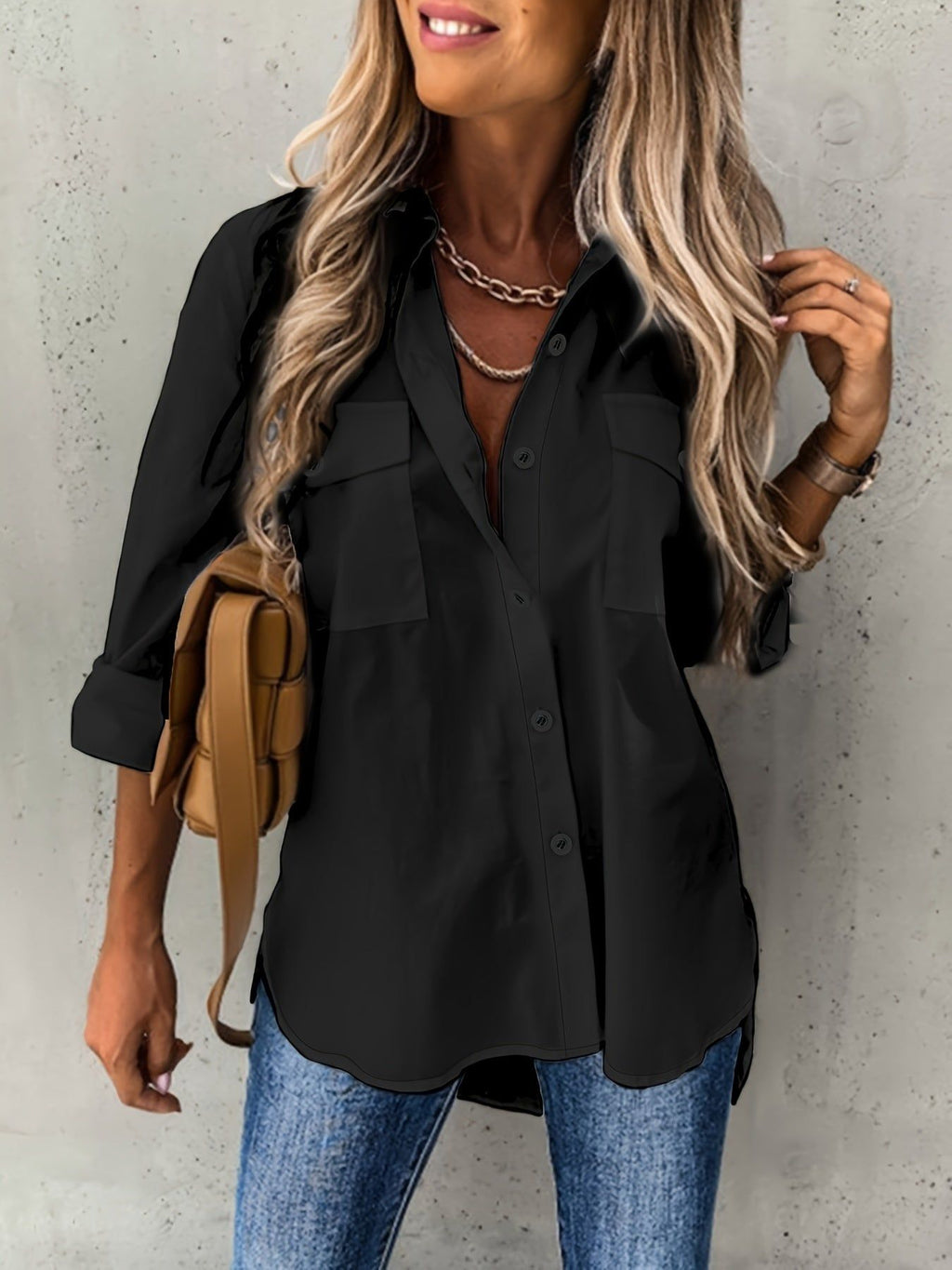 Button Front Long Sleeve Shirt, Casual Solid Office Shirt With Collar, Women's Clothing   OAXG White / S
