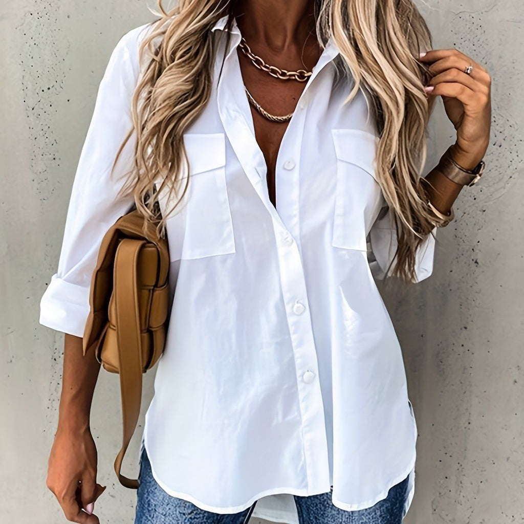 Button Front Long Sleeve Shirt, Casual Solid Office Shirt With Collar, Women's Clothing   OAXG White / S