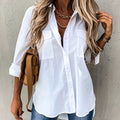 Button Front Long Sleeve Shirt, Casual Solid Office Shirt With Collar, Women's Clothing   OAXG White / S