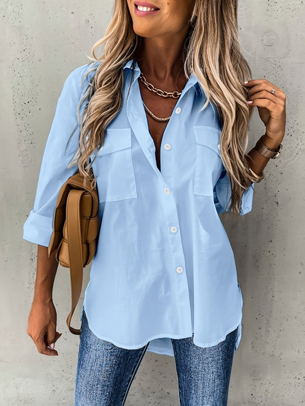 Button Front Long Sleeve Shirt, Casual Solid Office Shirt With Collar, Women's Clothing   OAXG White / S