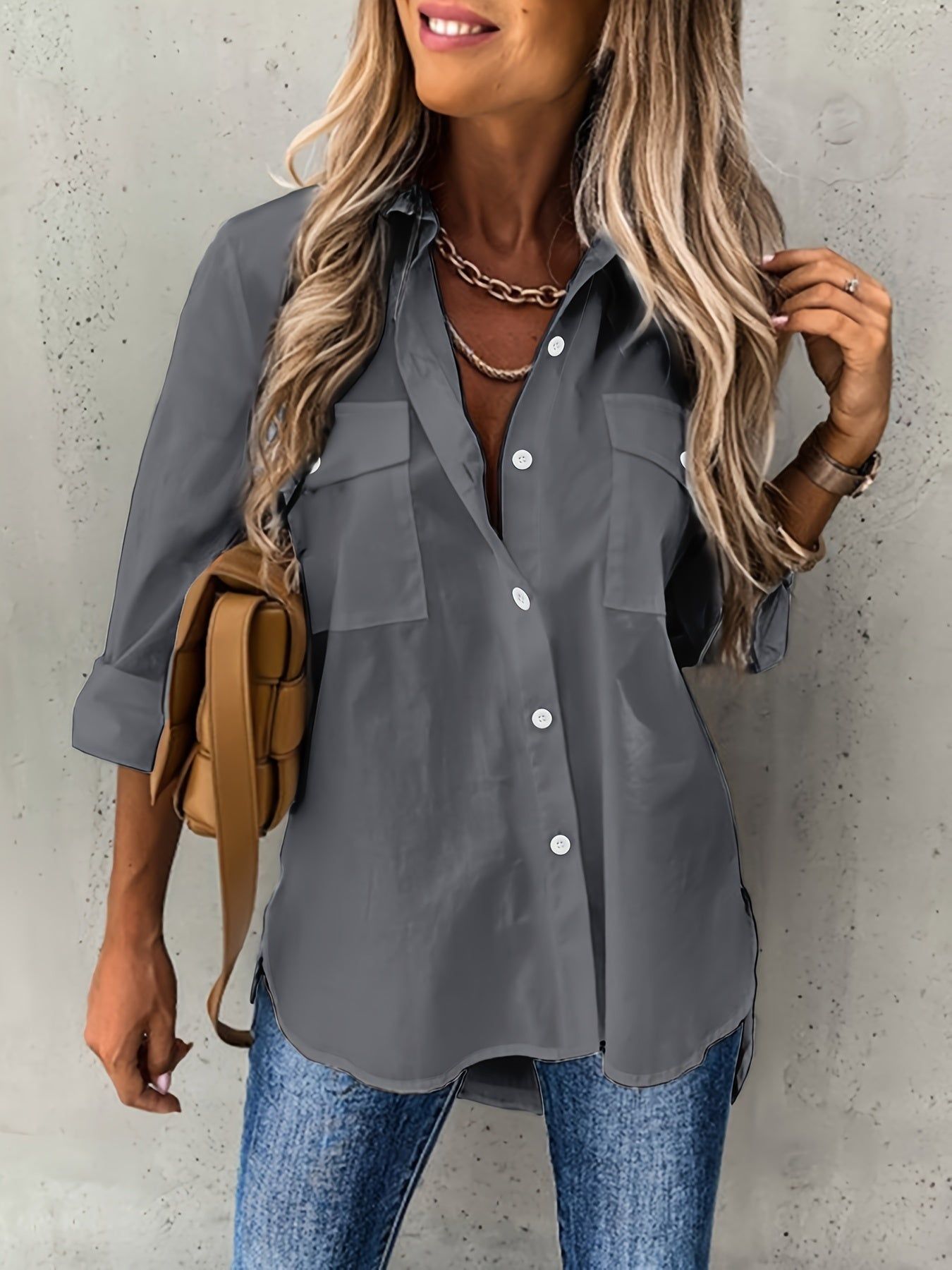 Button Front Long Sleeve Shirt, Casual Solid Office Shirt With Collar, Women's Clothing   OAXG White / S