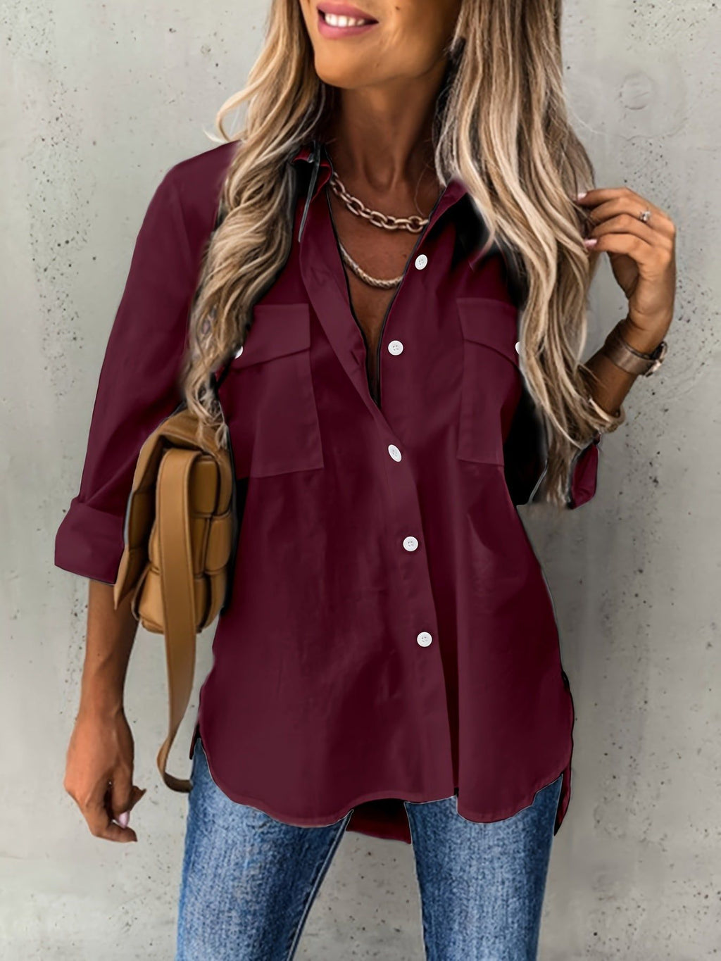 Button Front Long Sleeve Shirt, Casual Solid Office Shirt With Collar, Women's Clothing   OAXG White / S