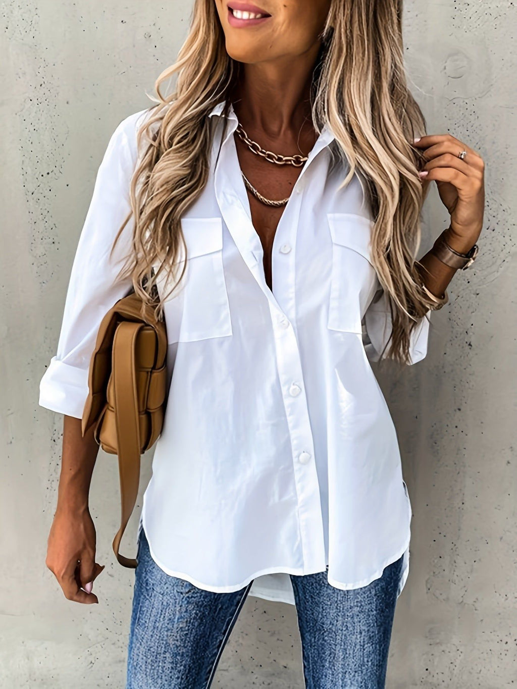 Button Front Long Sleeve Shirt, Casual Solid Office Shirt With Collar, Women's Clothing   OAXG White / S