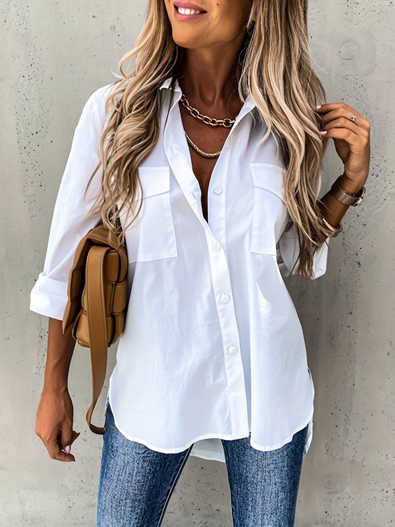 Button Front Long Sleeve Shirt, Casual Solid Office Shirt With Collar, Women's Clothing   OAXG White / S
