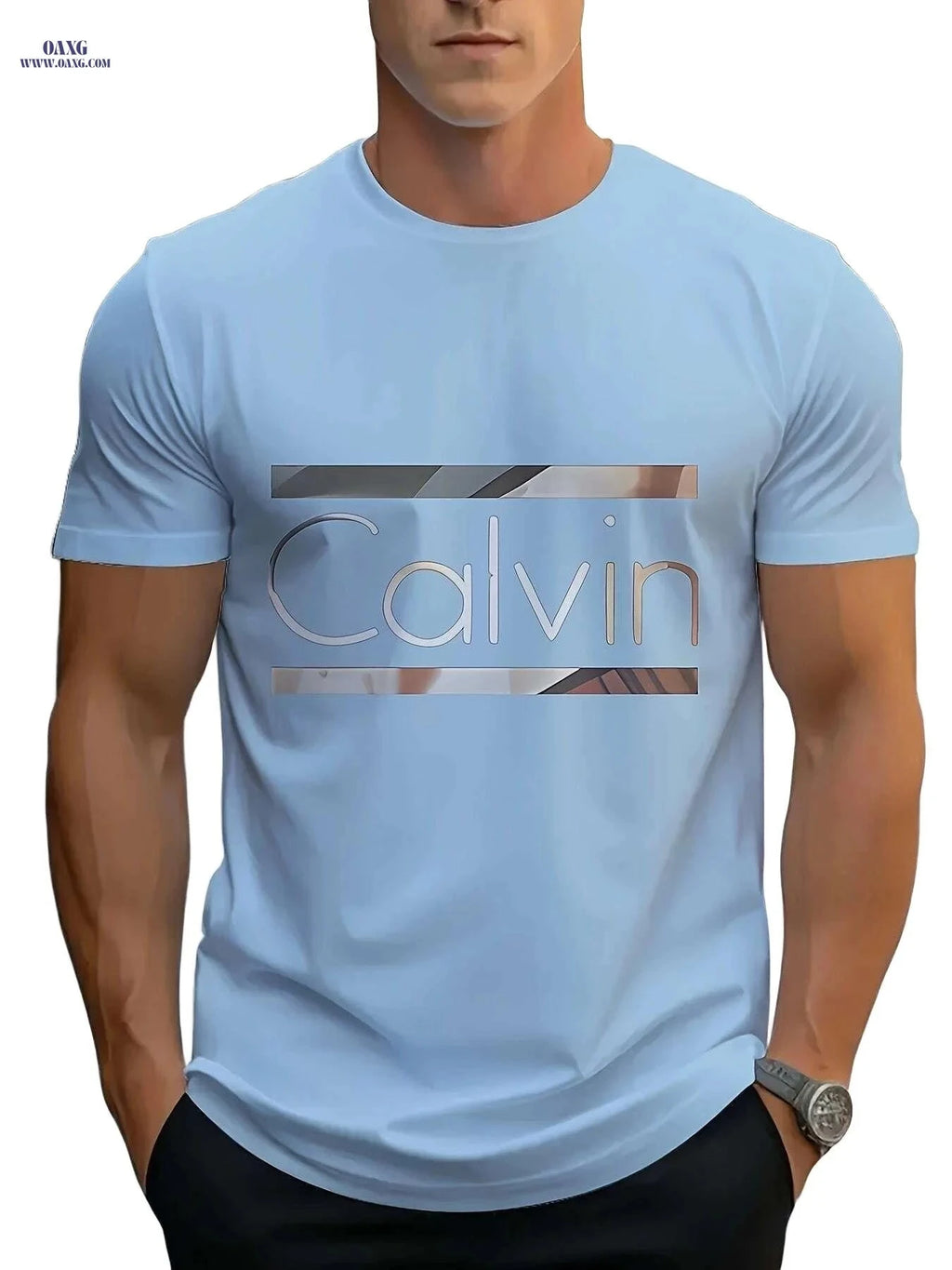 Calvin Bold Letter Graphic Tee - Stylish Light Blue Casual T-Shirt   OAXG Mixed Color / S