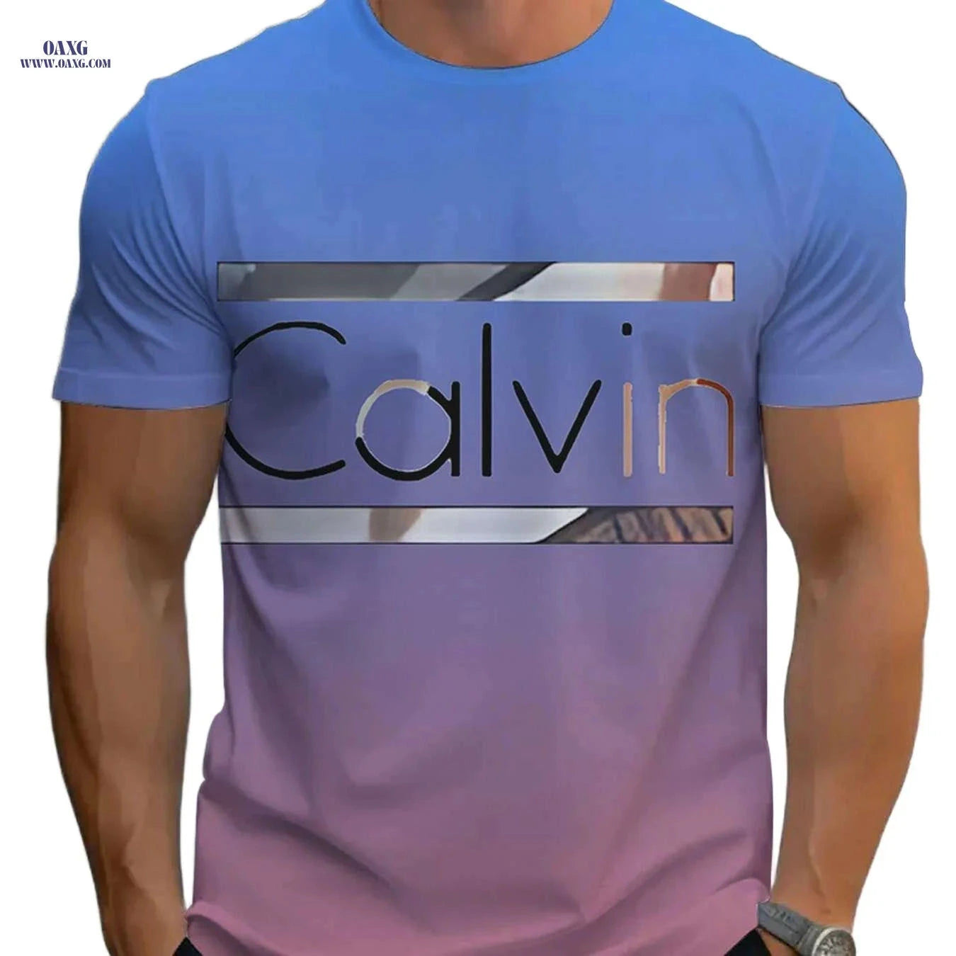Calvin Bold Letter Graphic Tee - Stylish Light Blue Casual T-Shirt   OAXG Mixed Color / S