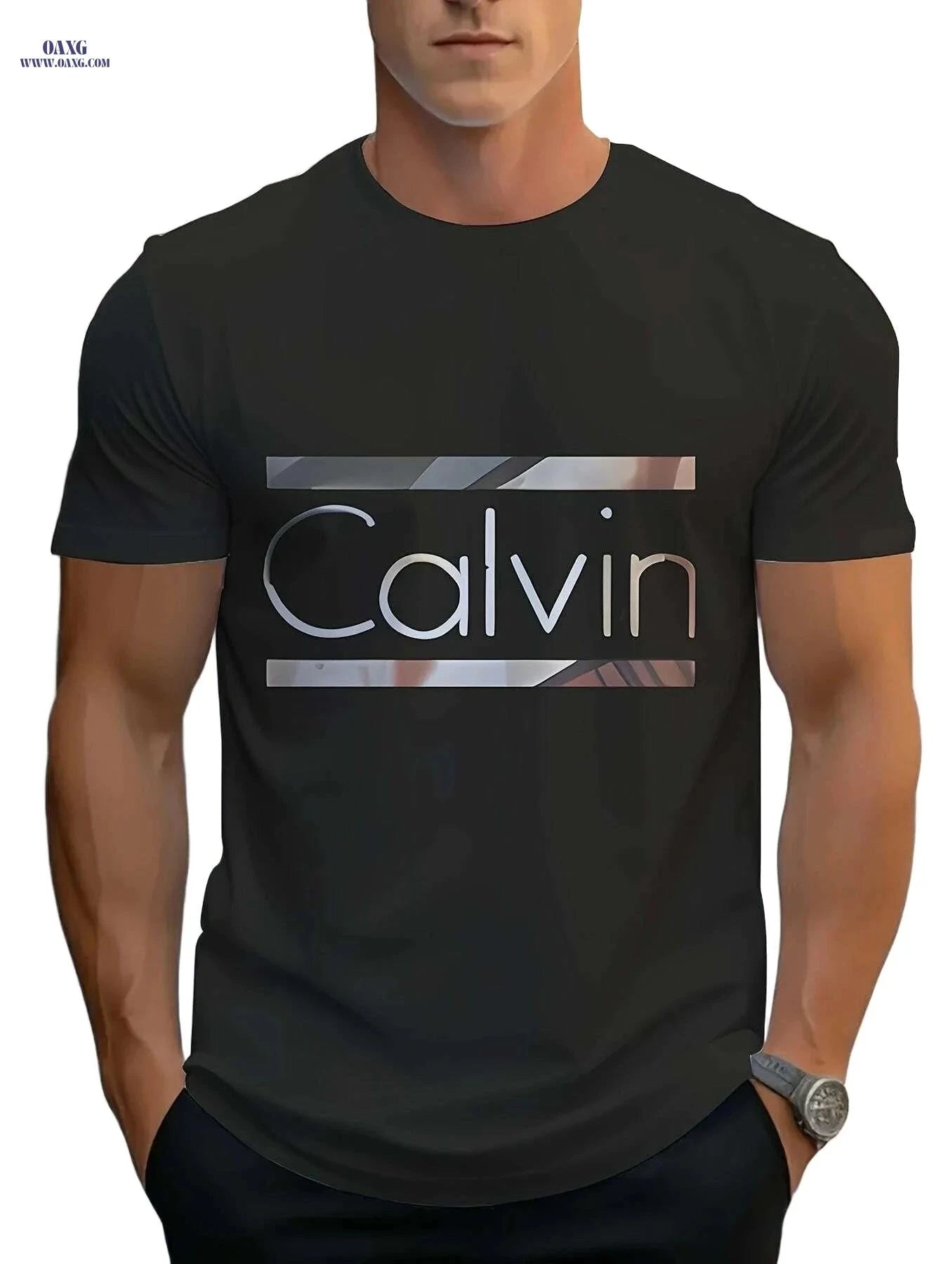 Calvin Bold Letter Graphic Tee - Stylish Light Blue Casual T-Shirt   OAXG Mixed Color / S