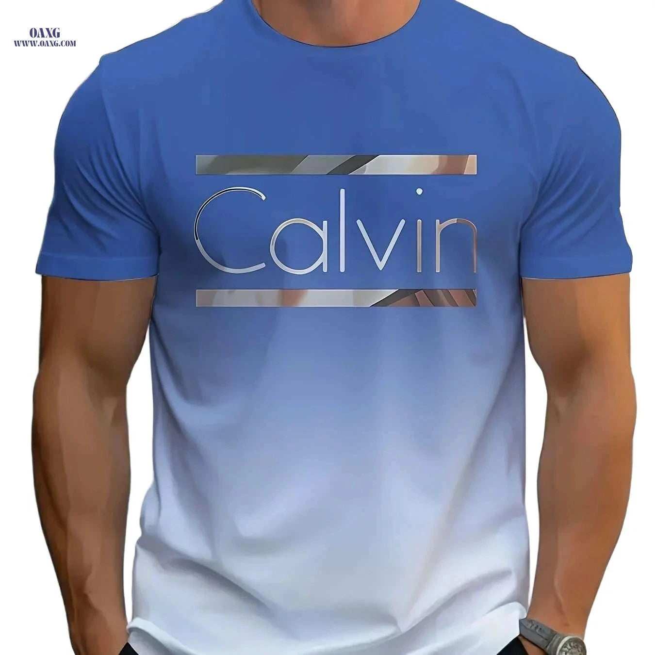 Calvin Bold Letter Graphic Tee - Stylish Light Blue Casual T-Shirt   OAXG Mixed Color / S