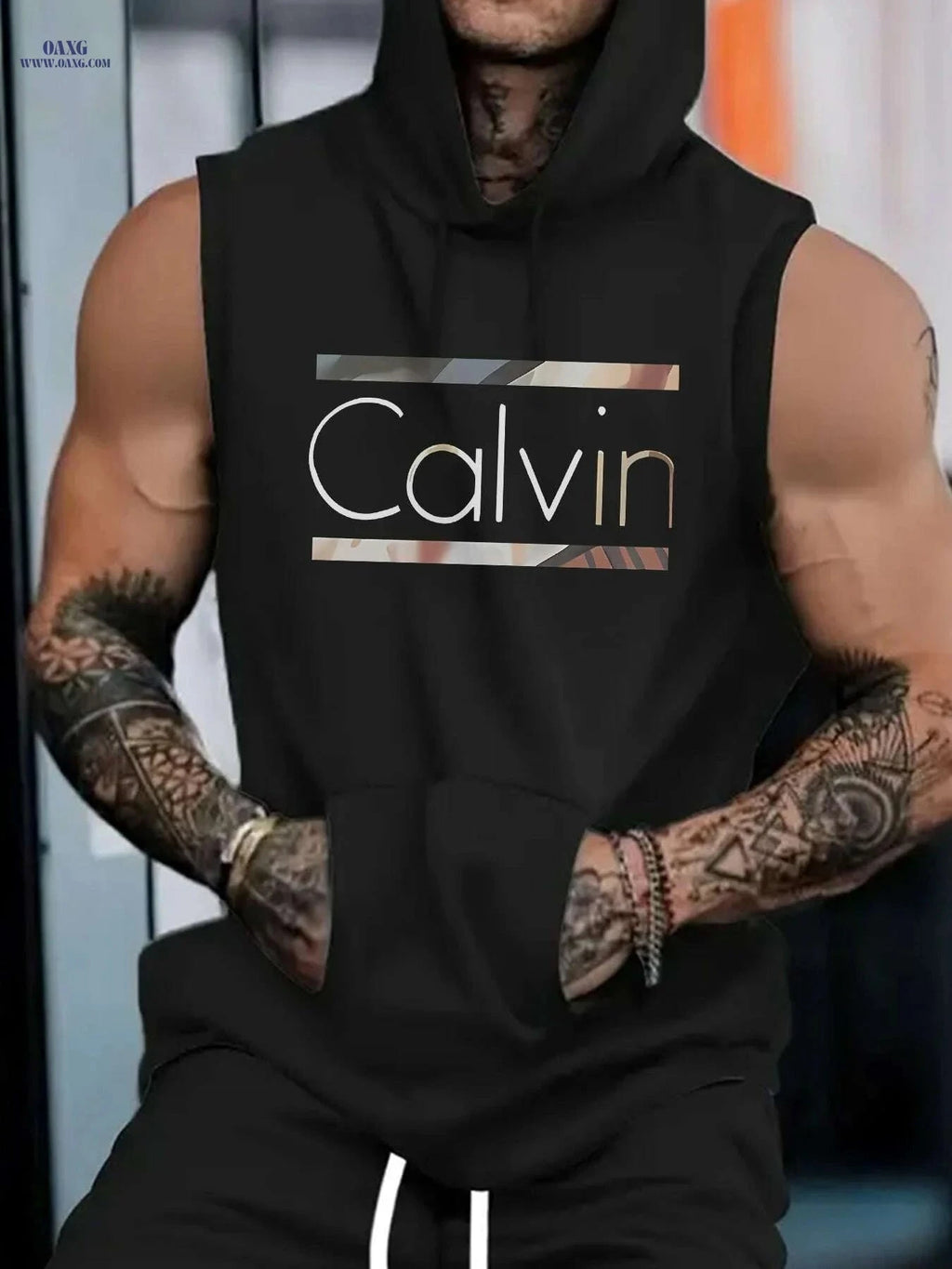 Calvin Men’s Sleeveless Hooded Tank Top - Light Blue Geometric Print   OAXG 