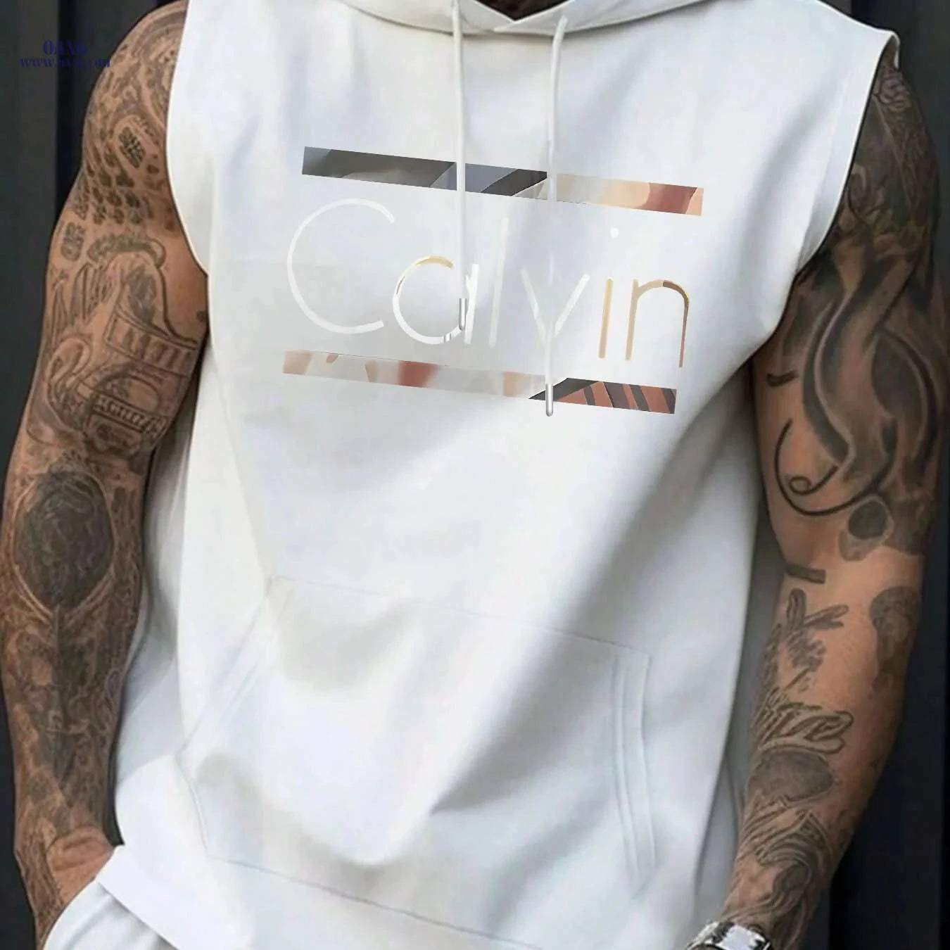 Calvin Men’s Sleeveless Hooded Tank Top - Light Blue Geometric Print   OAXG 