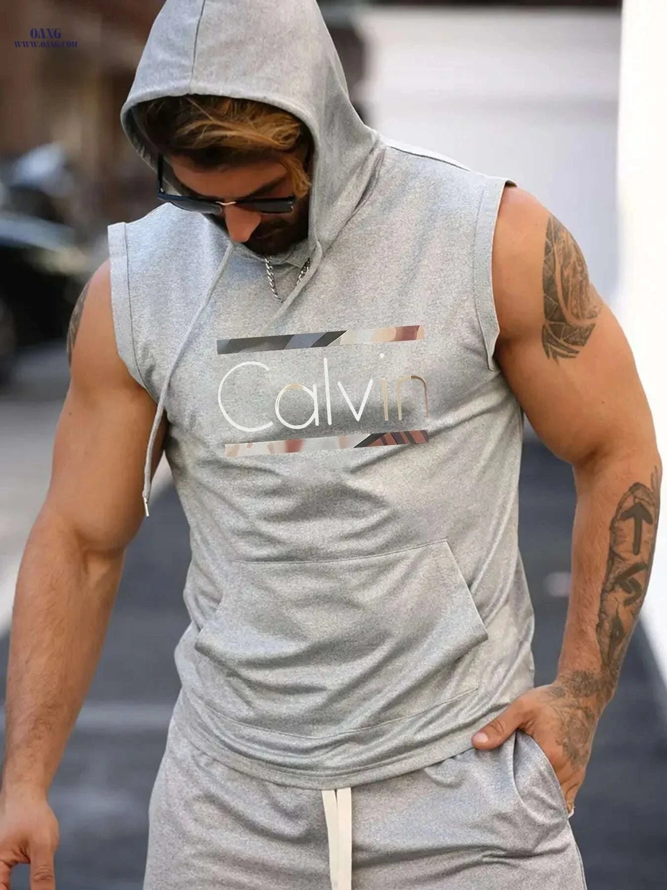 Calvin Men’s Sleeveless Hooded Tank Top - Light Blue Geometric Print   OAXG 