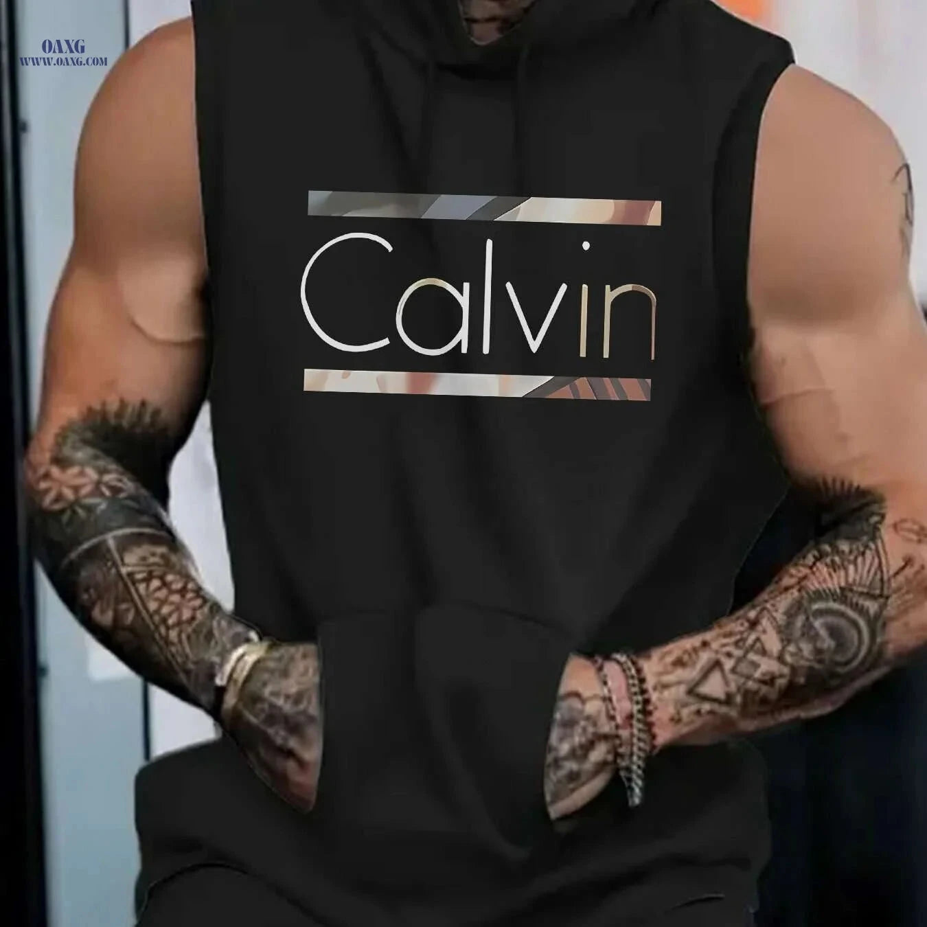 Calvin Men’s Sleeveless Hooded Tank Top - Light Blue Geometric Print   OAXG 