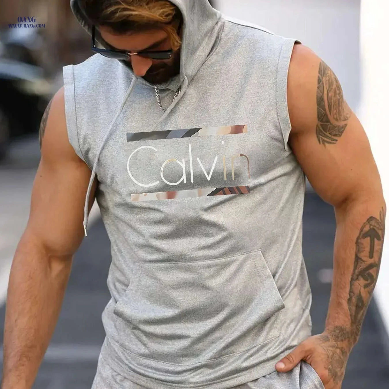 Calvin Men’s Sleeveless Hooded Tank Top - Light Blue Geometric Print   OAXG White / S